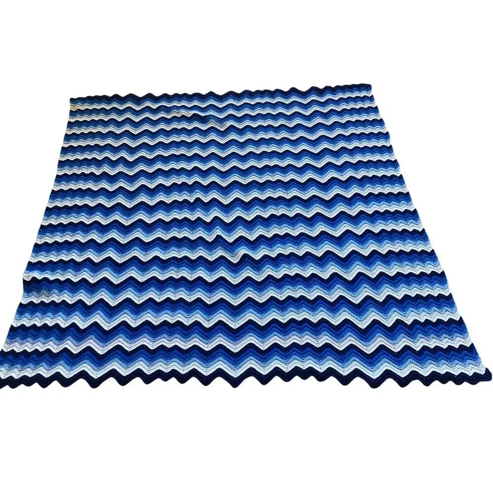 Handmade Large Afghan Blue & White Chevron Wave Zig Zag Pattern Blanket 60